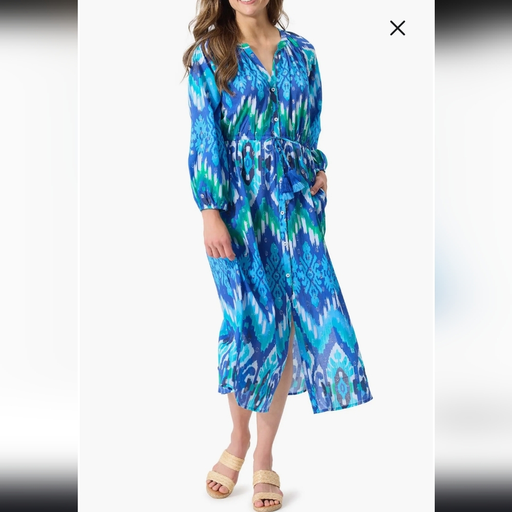 Tommy Bahama Blue Metallic Tie Waist Longsleeve Shirt Dress Coverup Size Small